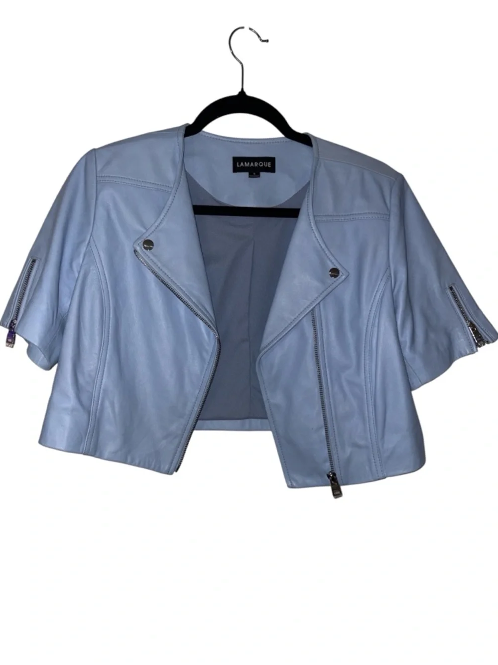Lamarque Kirsi Cropped Leather Moto Biker Jacket in Cool Blue Sz Small NWOT